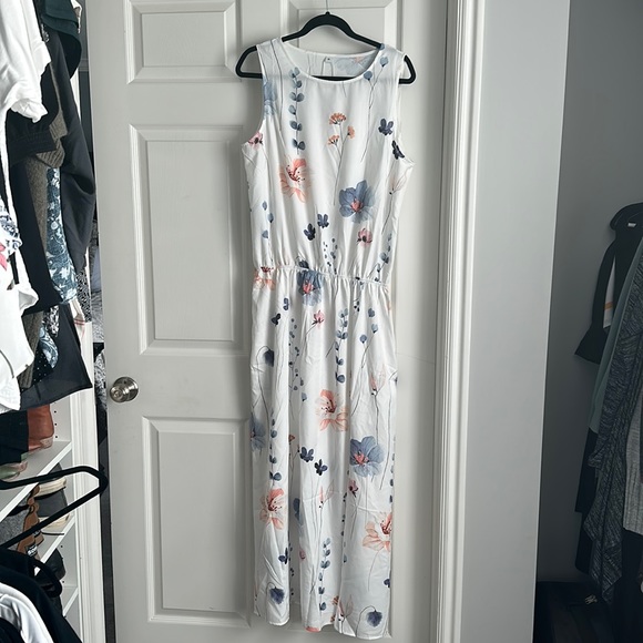 Floral Sleeveless Maxi Dress - White with Blue and Pink Accents - Picture 1 of 6